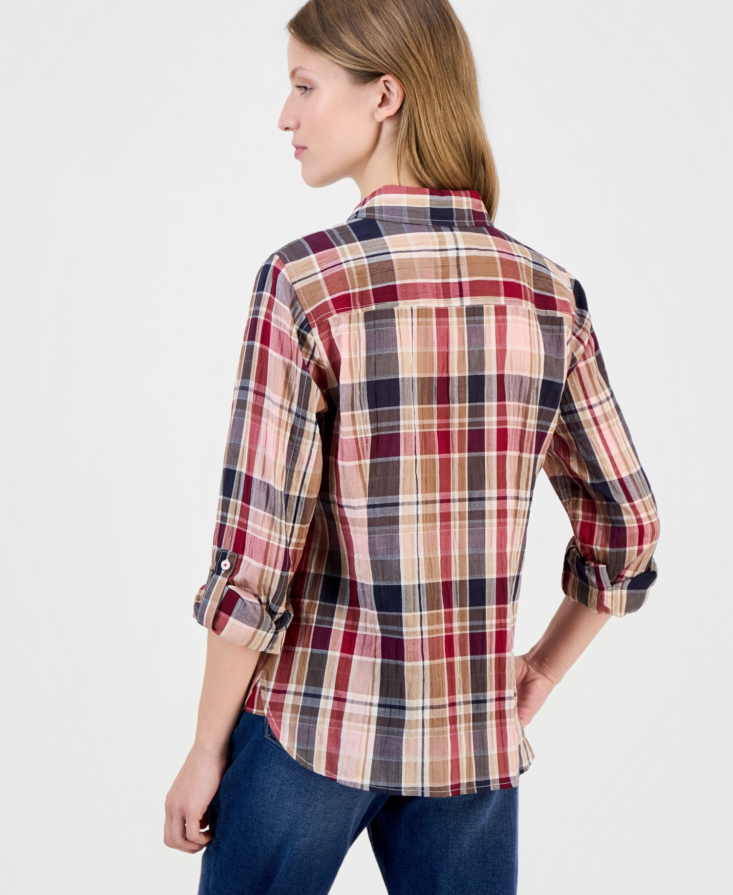 Women's Crinkle Plaid Roll-Tab Shirt