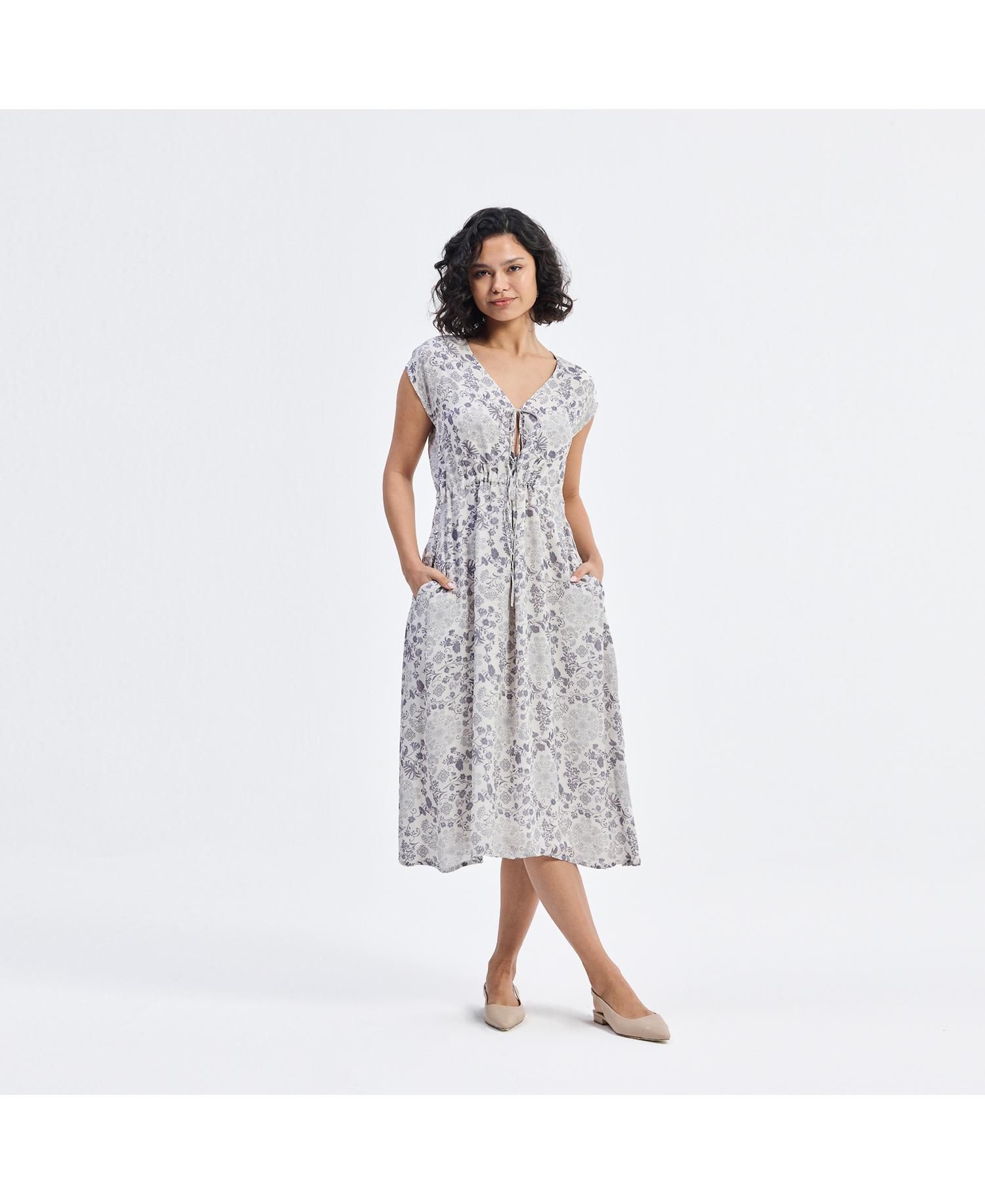 Women's Deep V-neck Gathered Dress in Florals