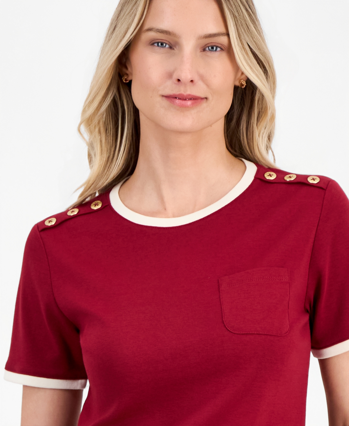 Nautica Women's Cotton Button-Shoulder Ringer T-Shirt