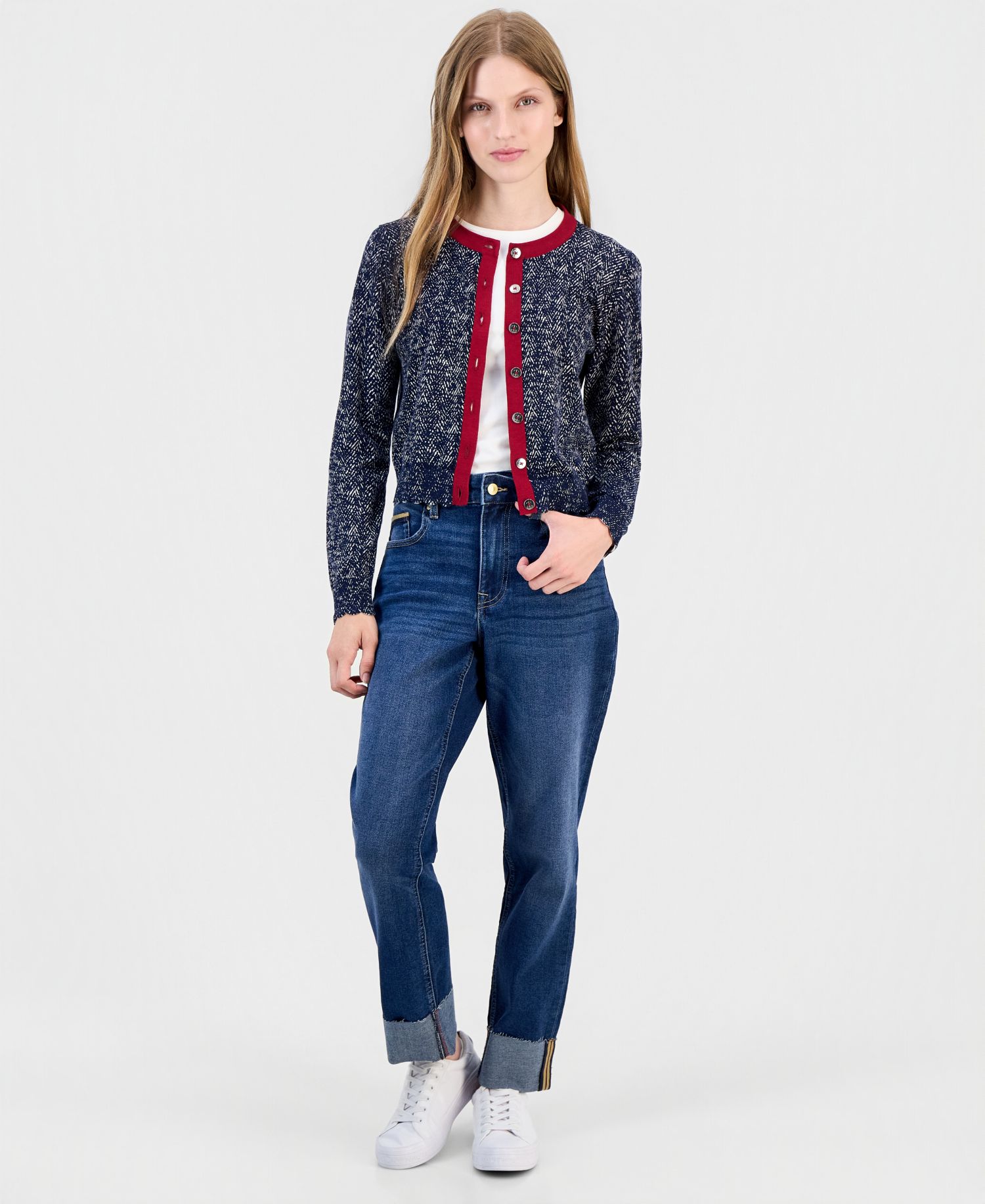 Women's Cotton Herringbone Cardigan Sweater