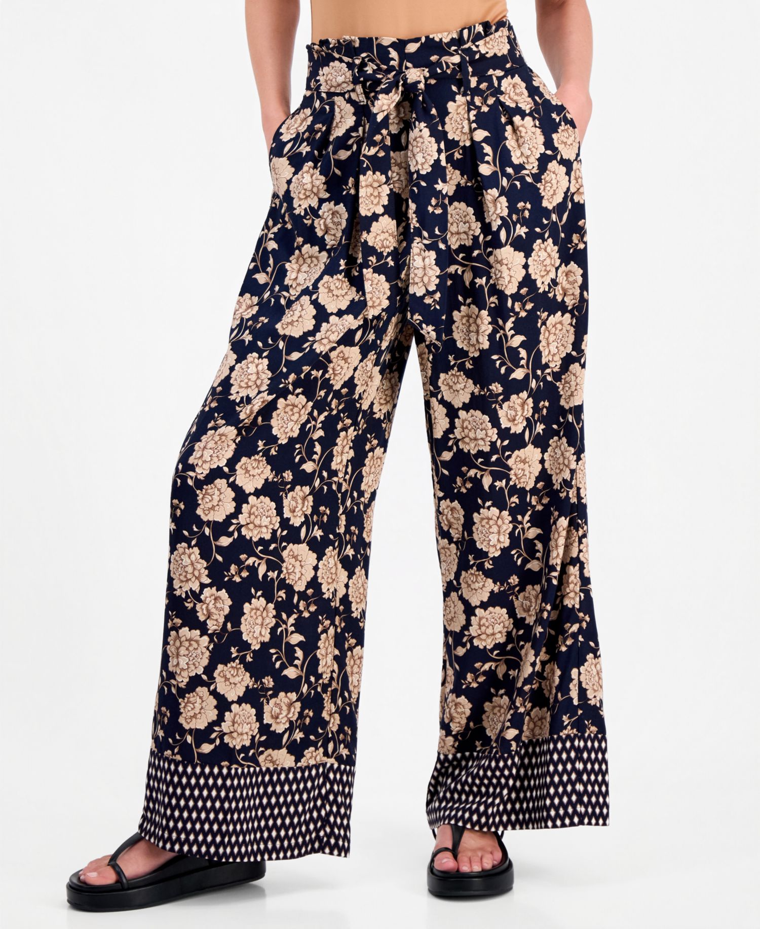 Women's Floral-Print Wide-Leg Paperbag-Waist Pants