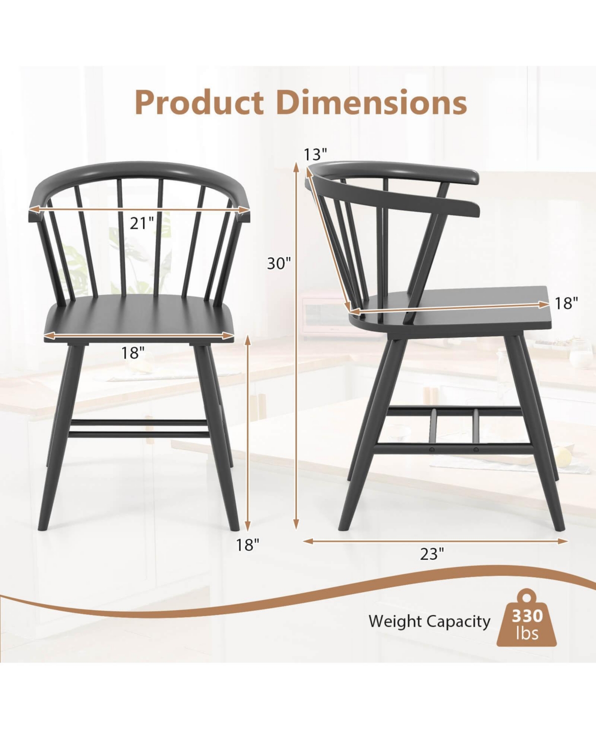 Costway Windsor Dining Chair Set of 2 with Rubber Wood Frame Curved Spindle Back and Armrest