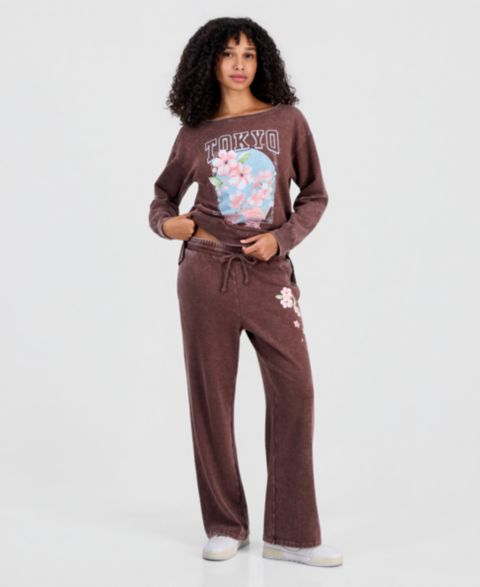 Женские брюки Rebellious One Juniors' Tokyo Flower Fleece Sweatpants, цвет: Шоколадный