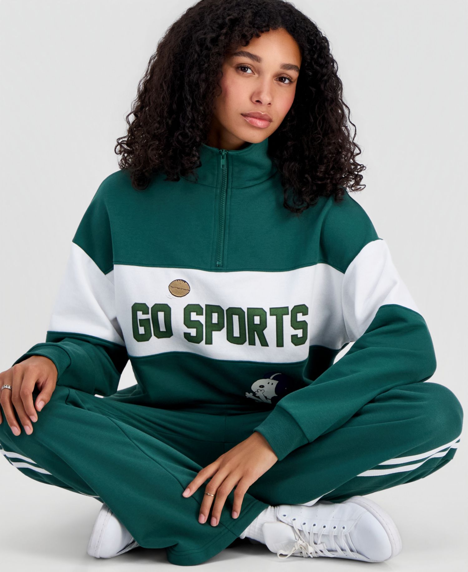 Juniors' Snoopy Varsity Quarter-Zip Fleece Pullover Sweatshirt