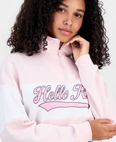 Sanrio NEW! Juniors' Hello Kitty Varsity Quarter-Zip Fleece Pullover Sweatshirt