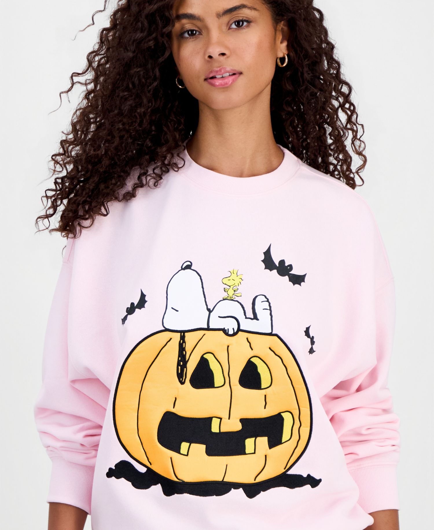 Juniors' Snoopy Pumpkin Embroidered Sweatshirt