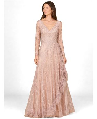 Women's Long Sleeve V-Neck Lace Gown with Feathers