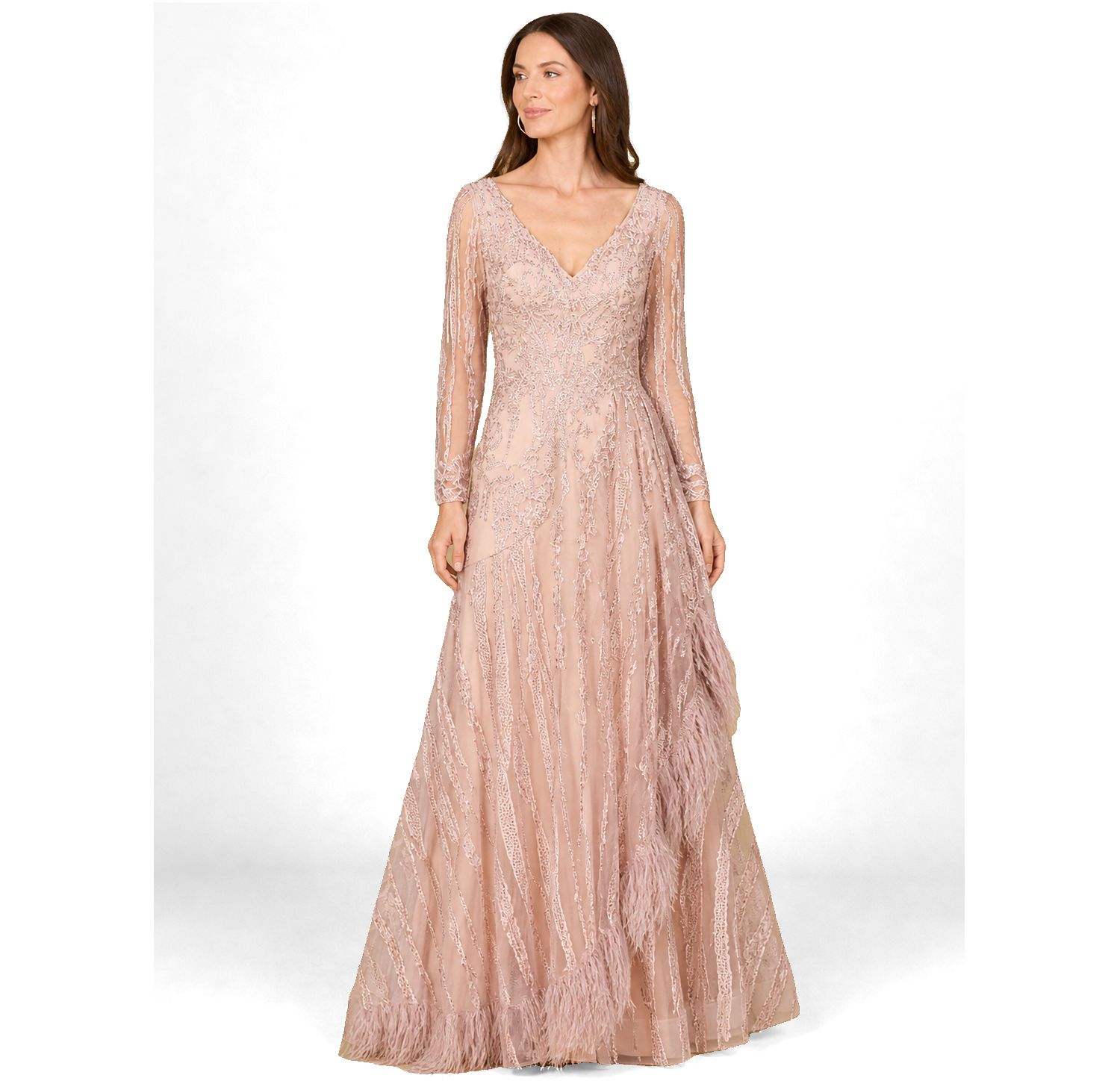 Women's Long Sleeve V-Neck Lace Gown with Feathers