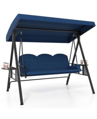 3-Seat Outdoor Patio Porch Swing Chair with Adjustable Canopy, Cushions, Pillow and Side Trays