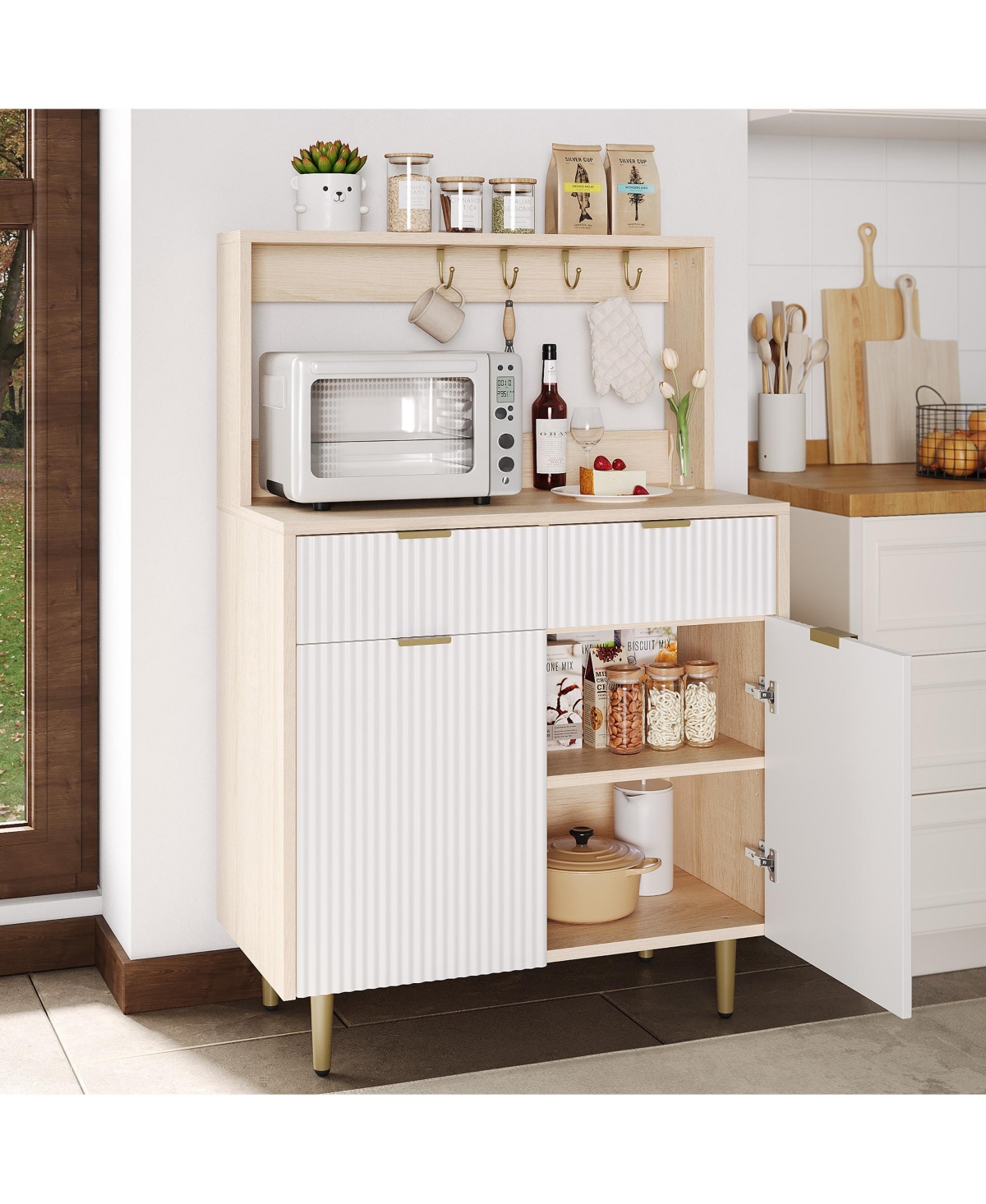 homfan Fluted Sideboard Buffet Cabinet with Storage, Modern Coffee Bar Unit Adjustable Shelves and 2 Drawers for Indoor Spaces