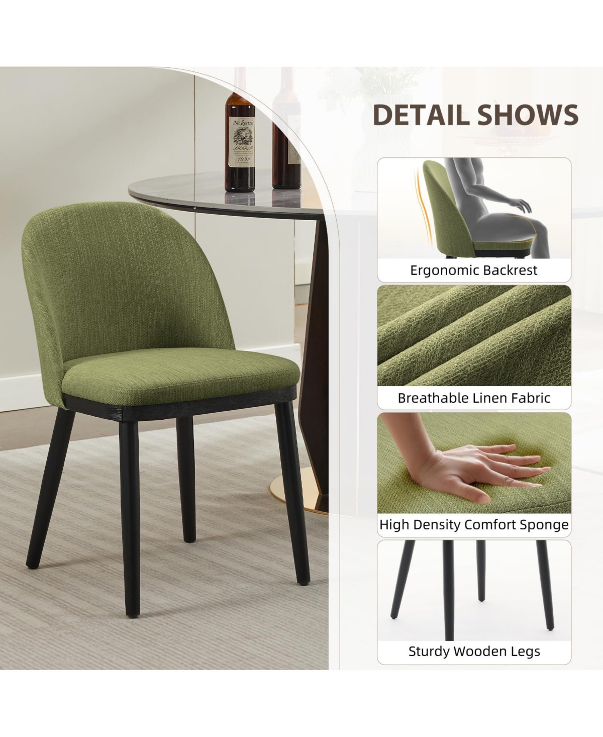homfan Set of 6 Upholstered Dining Chairs - Modern Green Linen Side Chairs - Thick Cushions, Curved Backrest - Sturdy Wood Legs