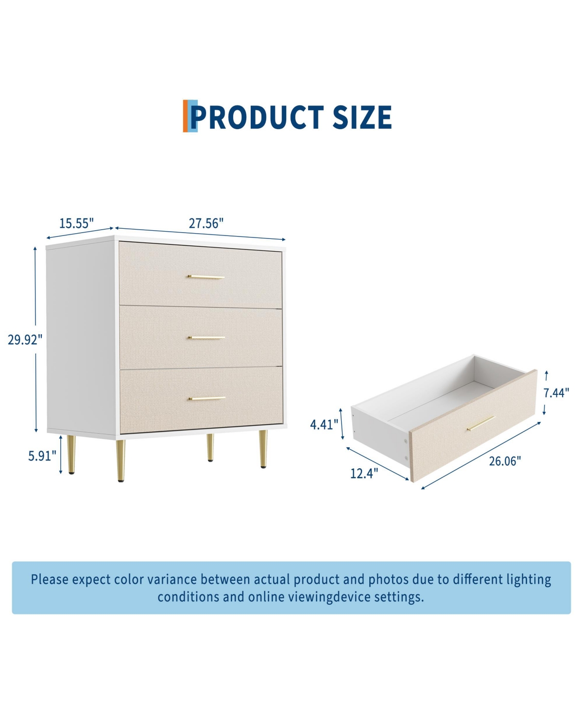homfan Modern 3-Drawer Dresser, Accent Storage Chest with Handles and Metal Legs for Bedroom, Living Room, or Entryway