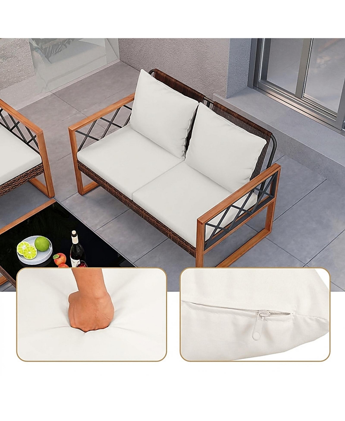 Sugift 5-Piece Pe Wicker Patio Furniture Set with Acacia Wood Frame