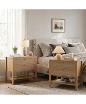 Set of 2 Mid Century Modern Rattan Nightstands, Wooden Bedside Tables with Drawer and Storage Shelf, Narrow Design for Bedroom Living Room