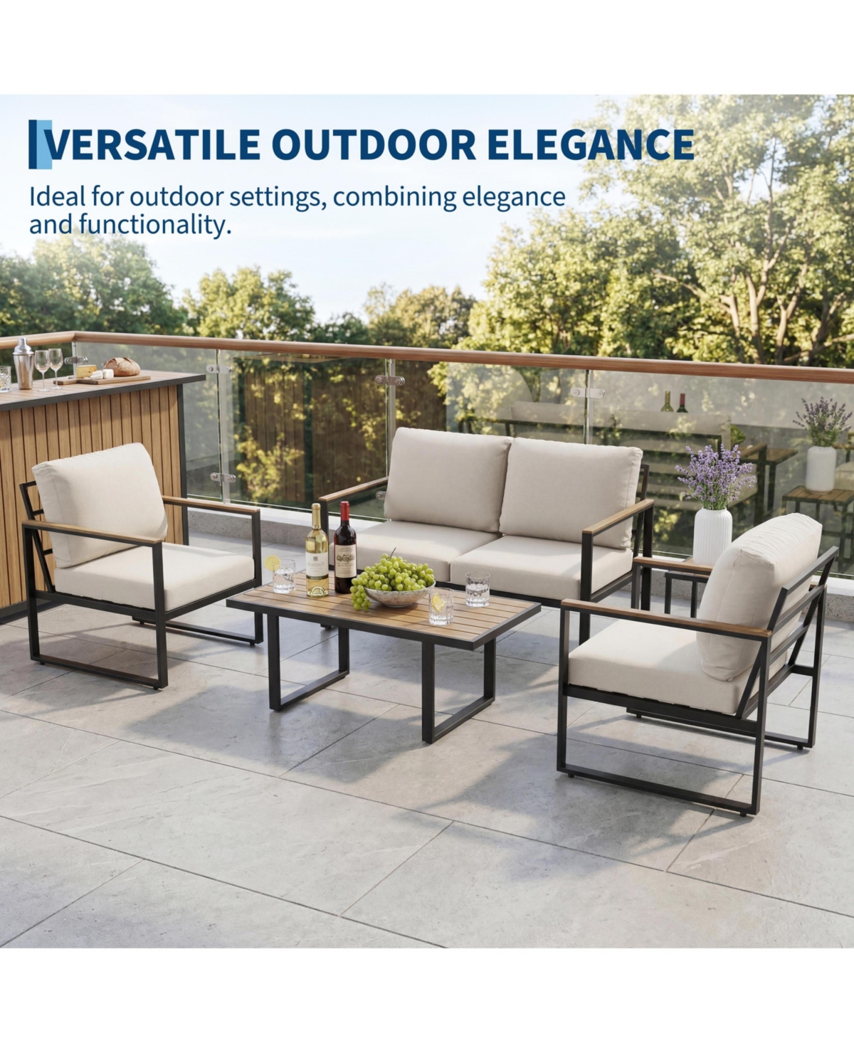 homfan Outdoor Patio Conversation Set with Coffee Table Thick Washable Cushions and Deep Seating for Garden or Deck