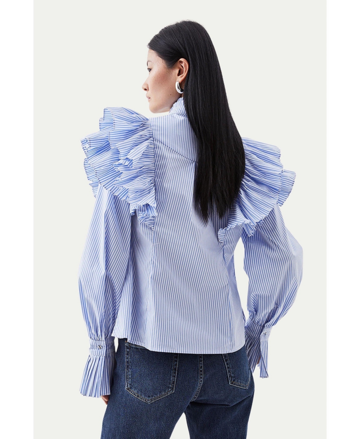 Karen Millen Women's Pleated Striped Ruffle Woven Shirt