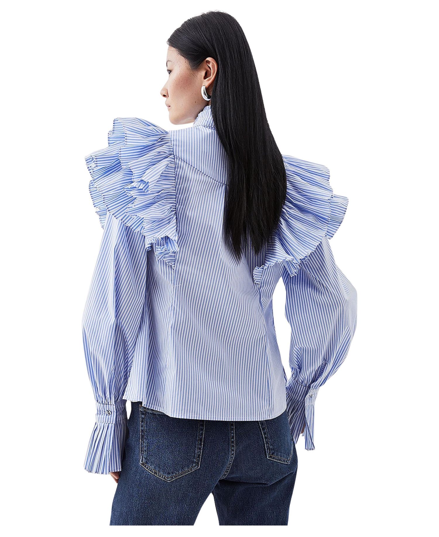 Women's Pleated Striped Ruffle Woven Shirt