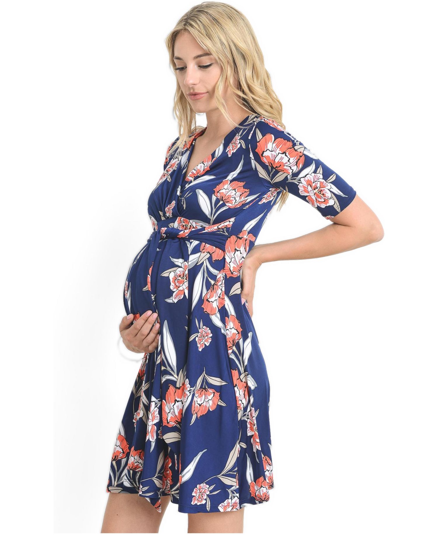 Women's V-Neck Floral Wrap Nursing Dress with Tie Waist