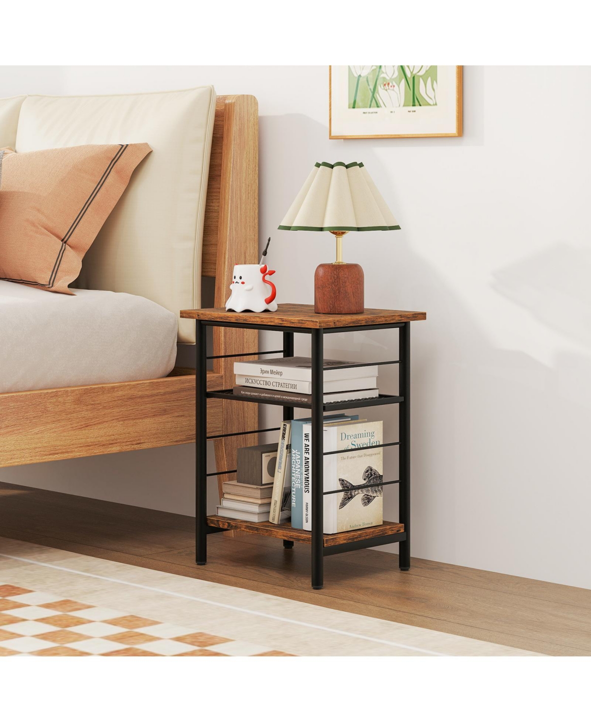 Gymax 3-Tier Side End Table with Adjustable Mesh Shelf Narrow Nightstand