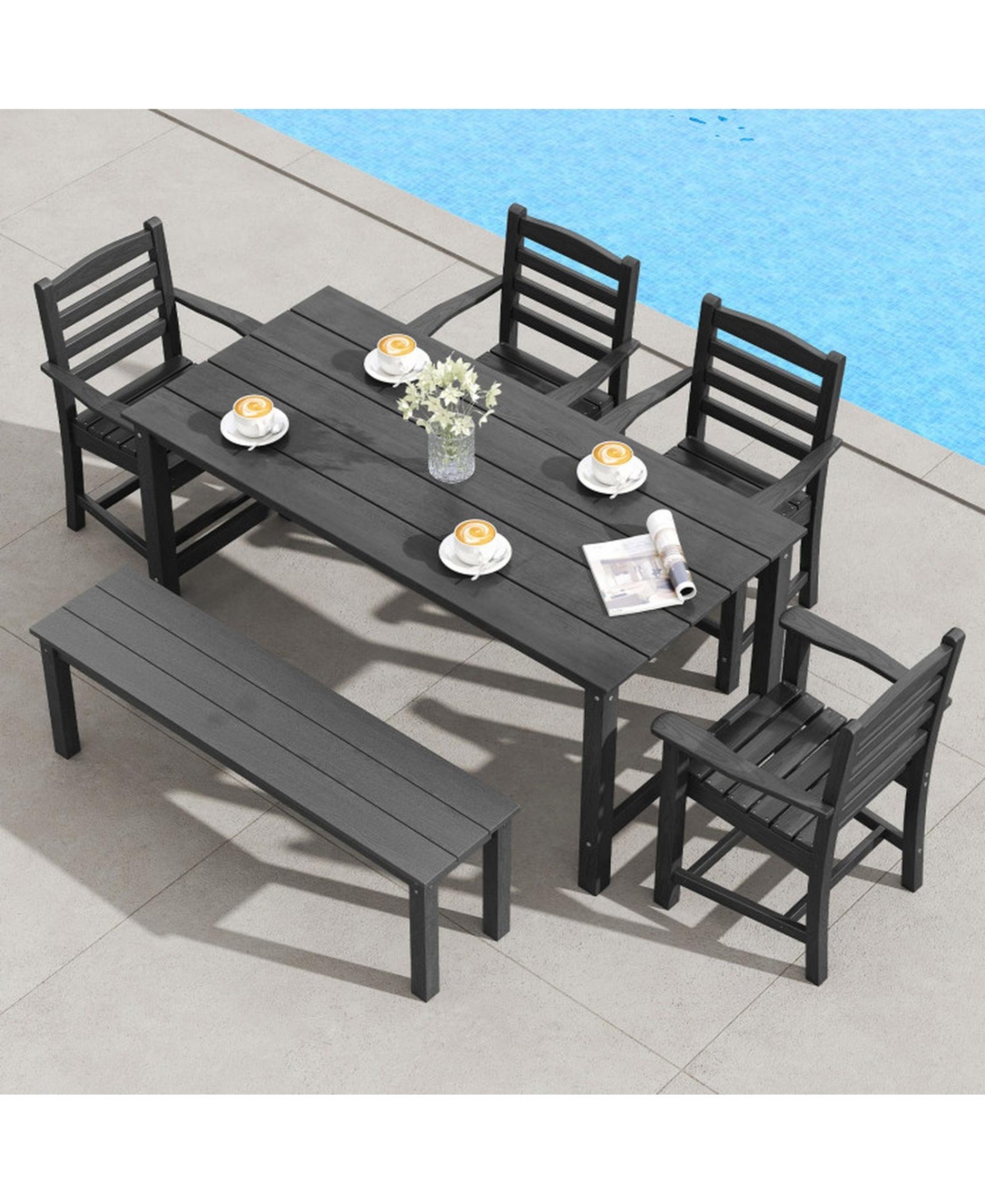 Gouun 6 Piece Hdpe Patio Dining Set with 67 in Table, Backless Bench and 4 Armchairs, Umbrella Hole