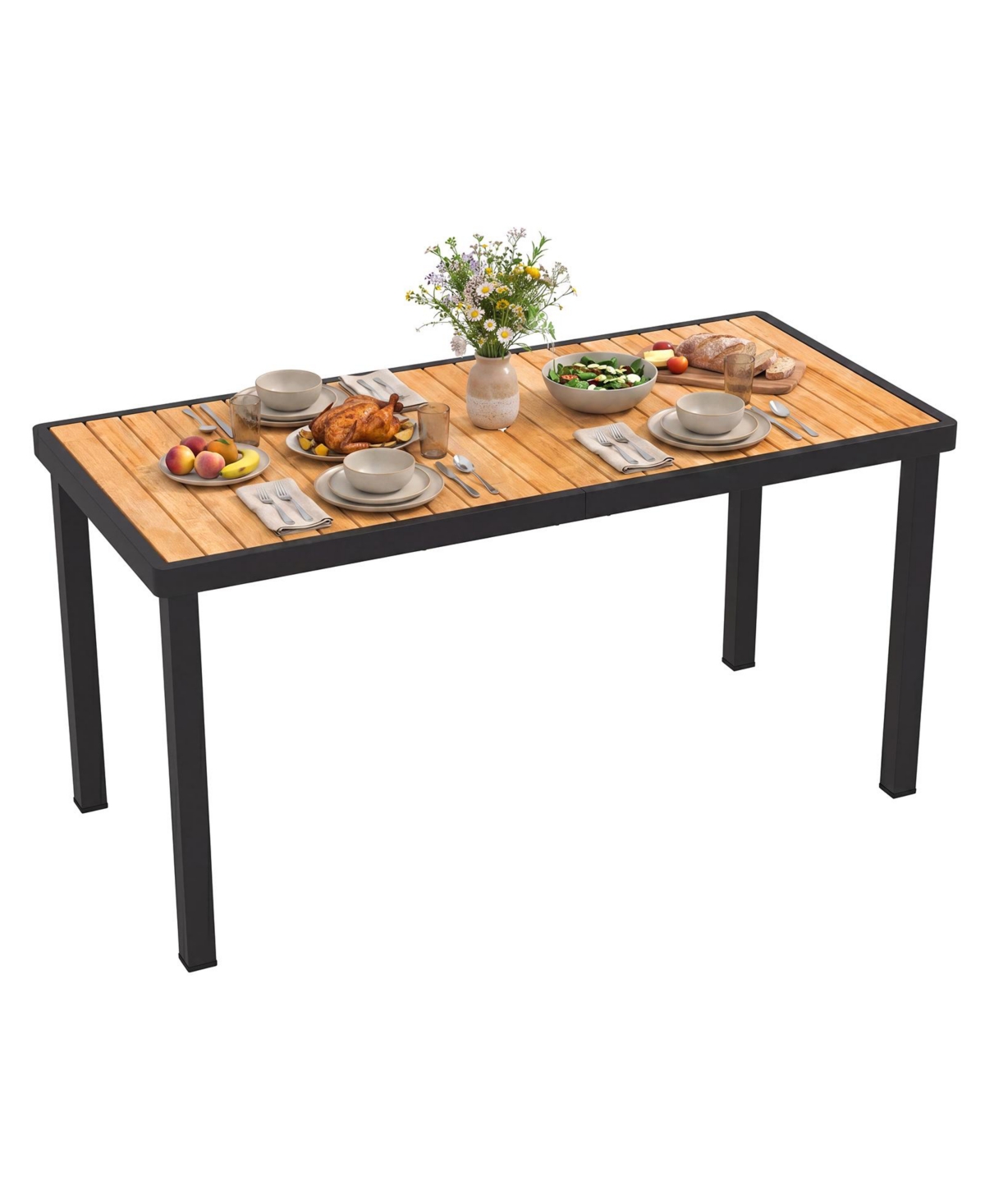 Gymax Acacia Wood Outdoor Dining Table Rectangular Patio Table w/ 1.97'' Umbrella Hole