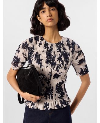 Women's Smocked Floral Ruffle Hem Peplum Blouse