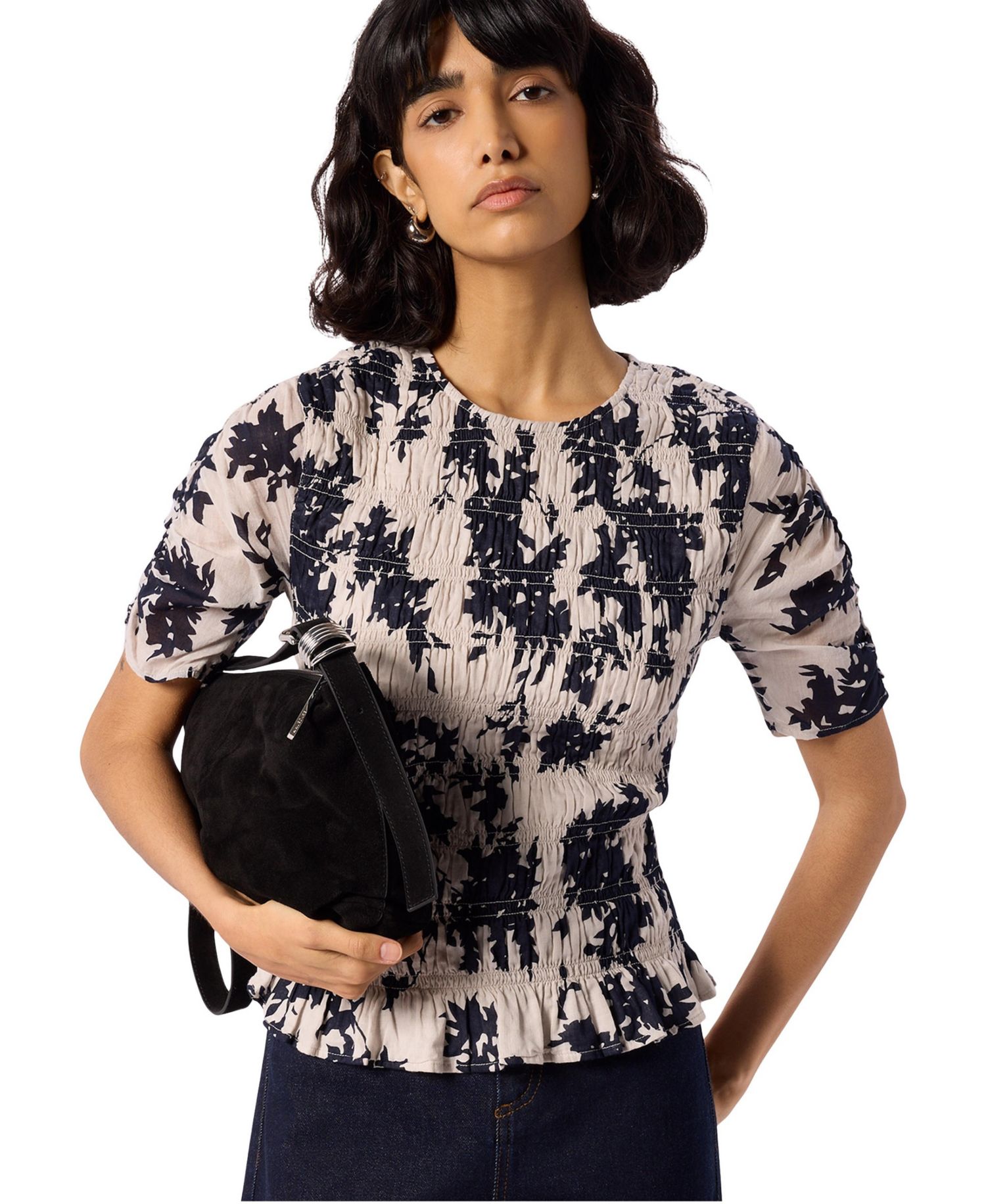Women's Smocked Floral Ruffle Hem Peplum Blouse
