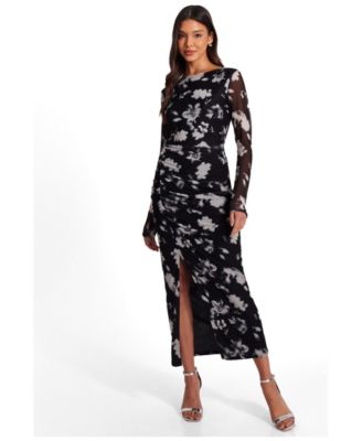 Women's Mesh Ruched Long Sleeve Midaxi Dress