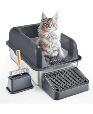 XL Stainless Steel Cat Litter Box 6 in Deep with Filter Foot Board and Scoop