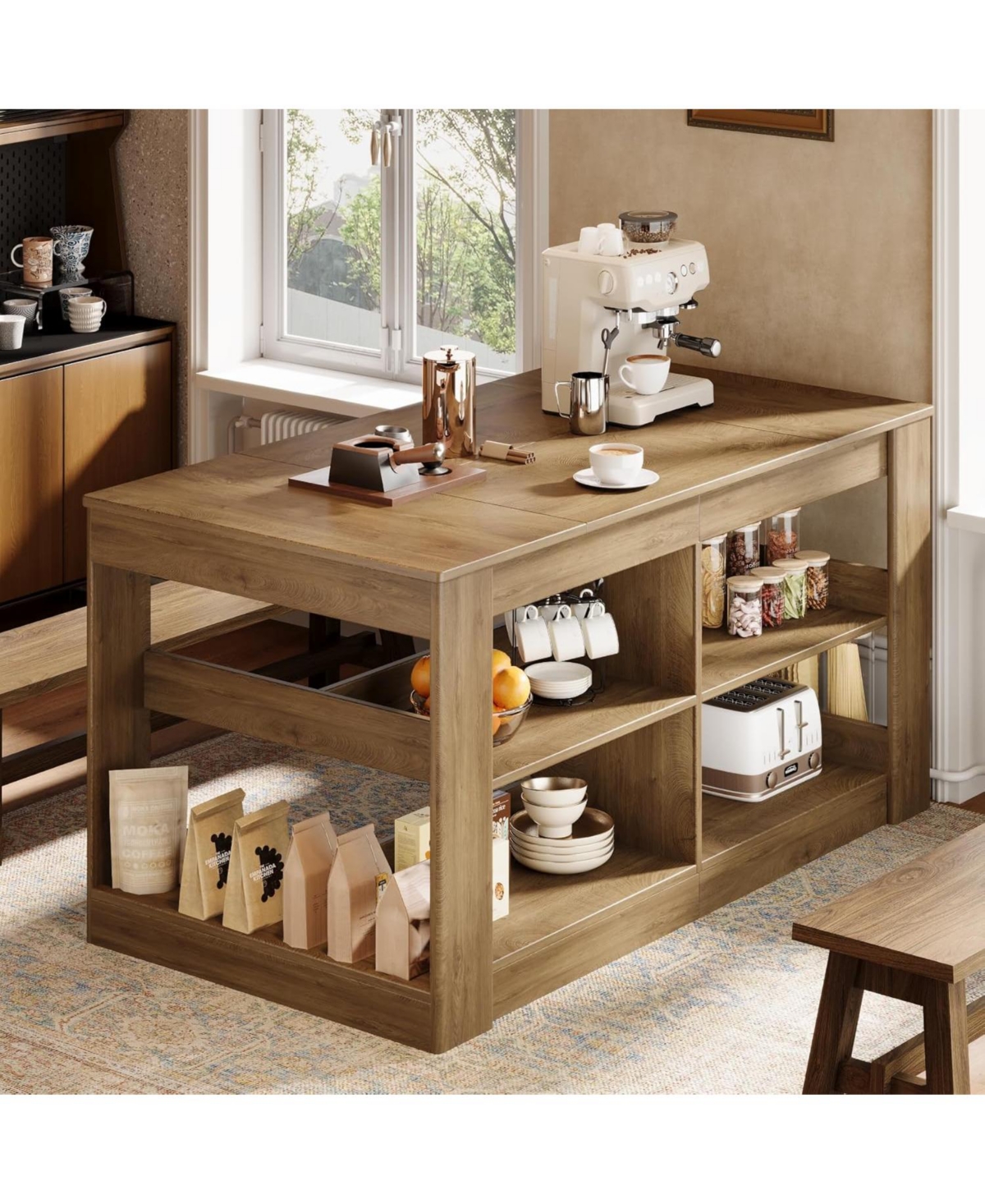 Tribesigns 63" Kitchen Island with Storage, 3-Tier Farmhouse Wooden Stationary Island Table with Large Worktop and Leg Room, Coffee Bar Table