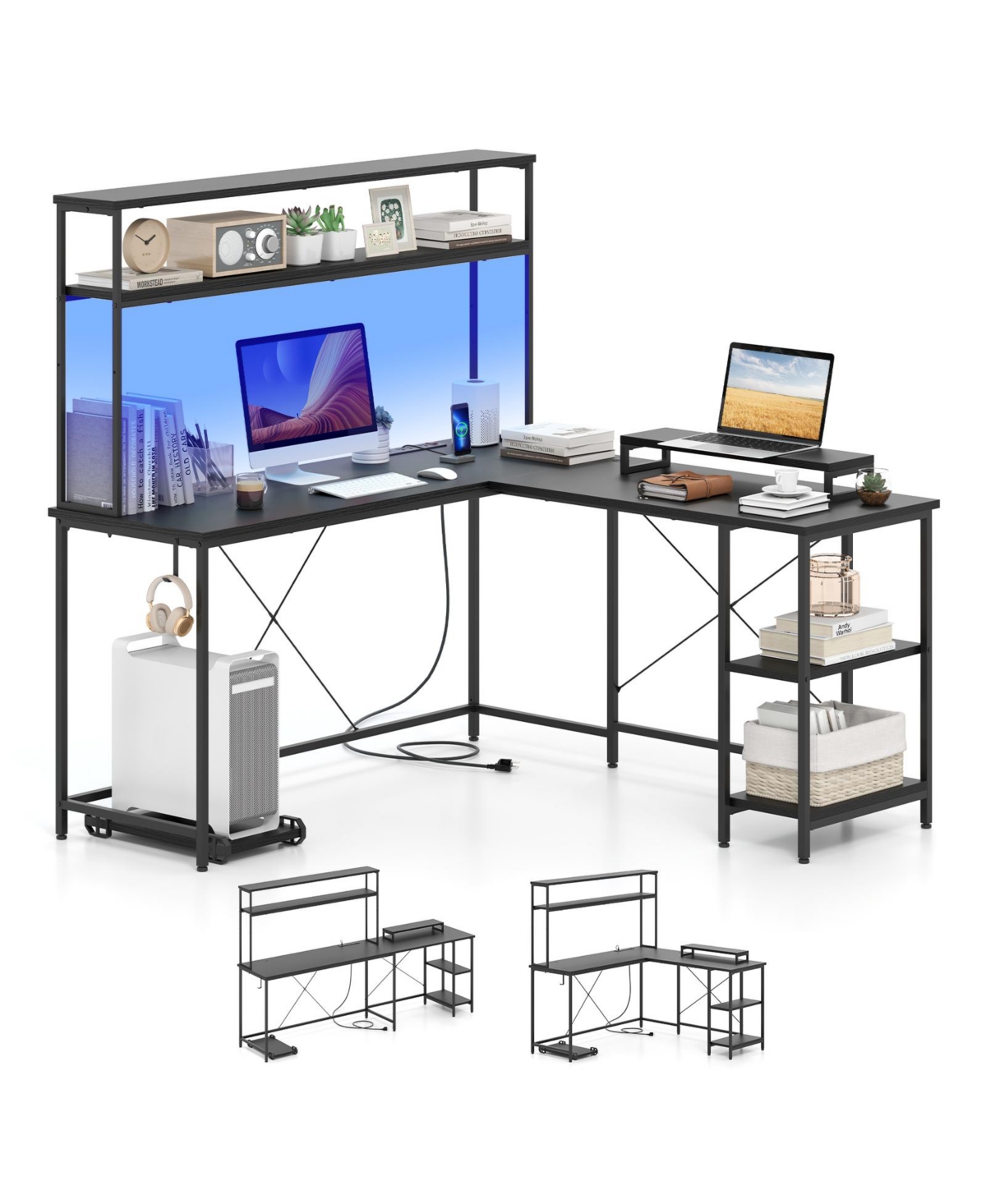 Slickblue L Shaped Gaming Desk with Hutch Monitor Stand and Led Strip