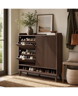 Freestanding Narrow Shoe Cabinet with Sliding Door, 2 Drawers and Adjustable Shelves, Modern Hidden Storage Organizer for Entryway and Hallway