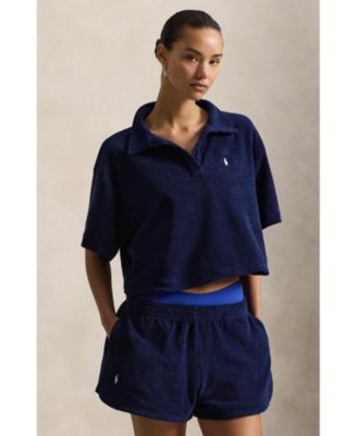 Women's Navy Blue Cotton Terry Swimsuit Cover Up Shirt and Short Set