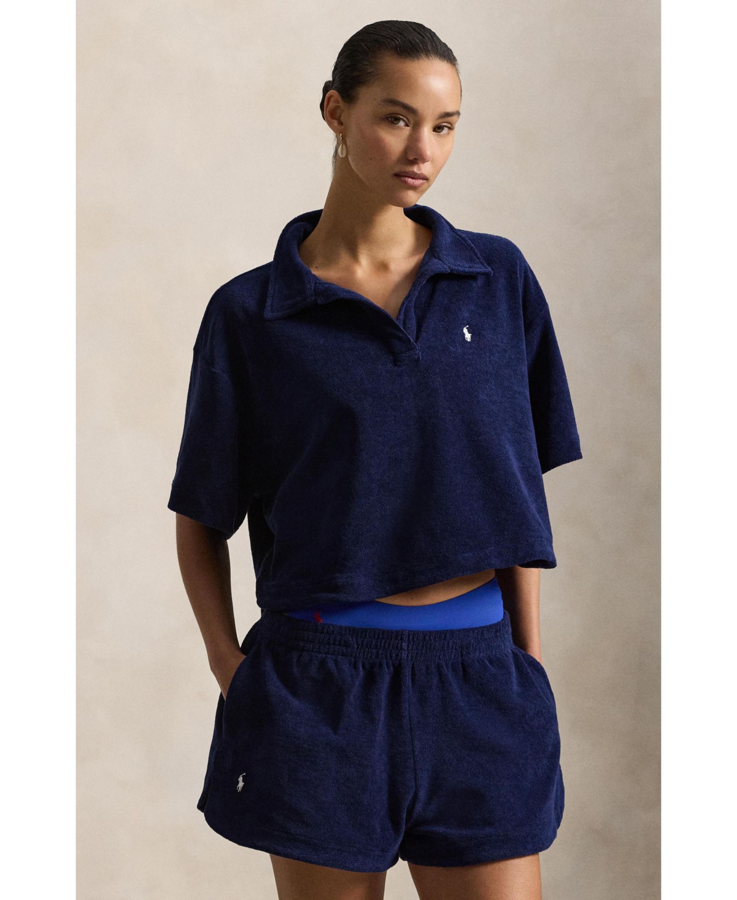Women's Navy Blue Cotton Terry Swimsuit Cover Up Shirt and Short Set