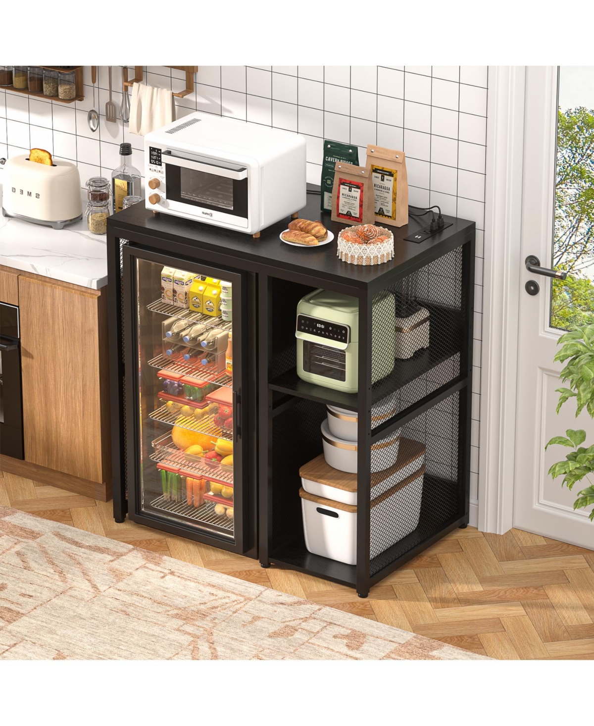 Aheaplus Coffee Bar Cabinet with Mini Fridge Space, Buffet Sideboard Charging Station