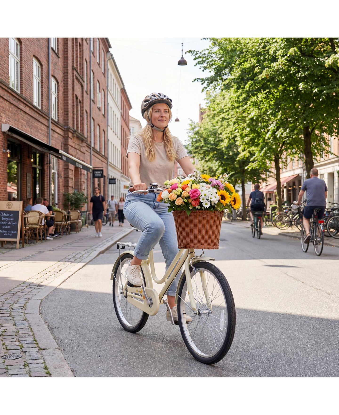 Детская игрушка Gymax 24-Inch Beach Cruiser Bike with Adjustable Seat Woven Basket and Rear Rack, цвет: Светлый бежевый — фото 4