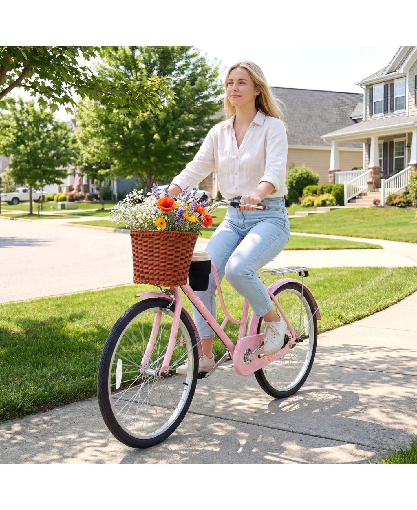 Детская игрушка Gymax Beach Cruiser 24" Commuter Bike with Adjustable Seat, Woven Basket & Rear Rack, 220 lbs. Capacity, Ages 8+, цвет: Розовый — фото 4