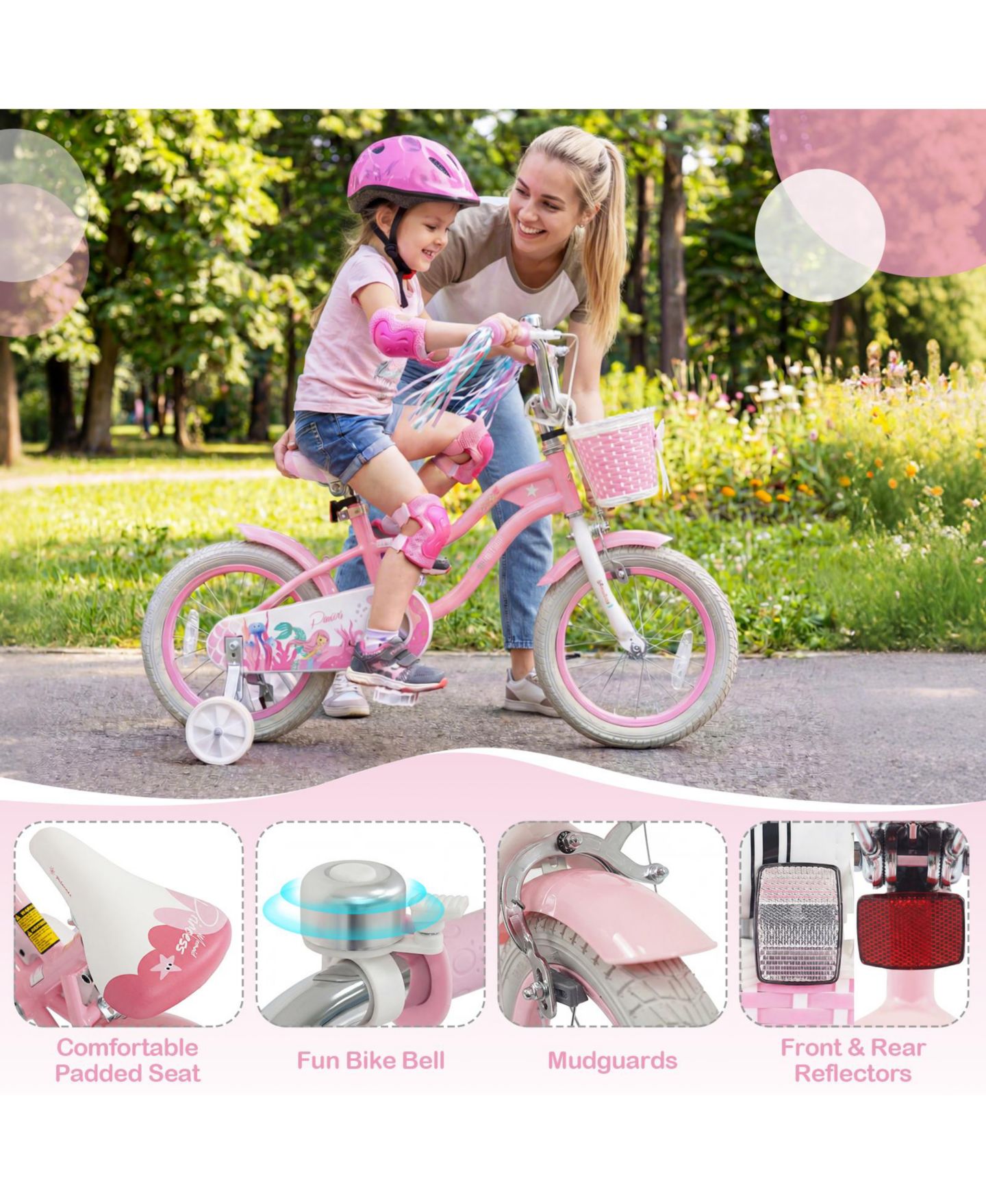Детская игрушка Gymax 14-Inch Mermaid Kids Bike with Adjustable Seat, Training Wheels & Coaster Brakes, 110 lbs Capacity, Ages 3-5, цвет: Розовый — фото 8
