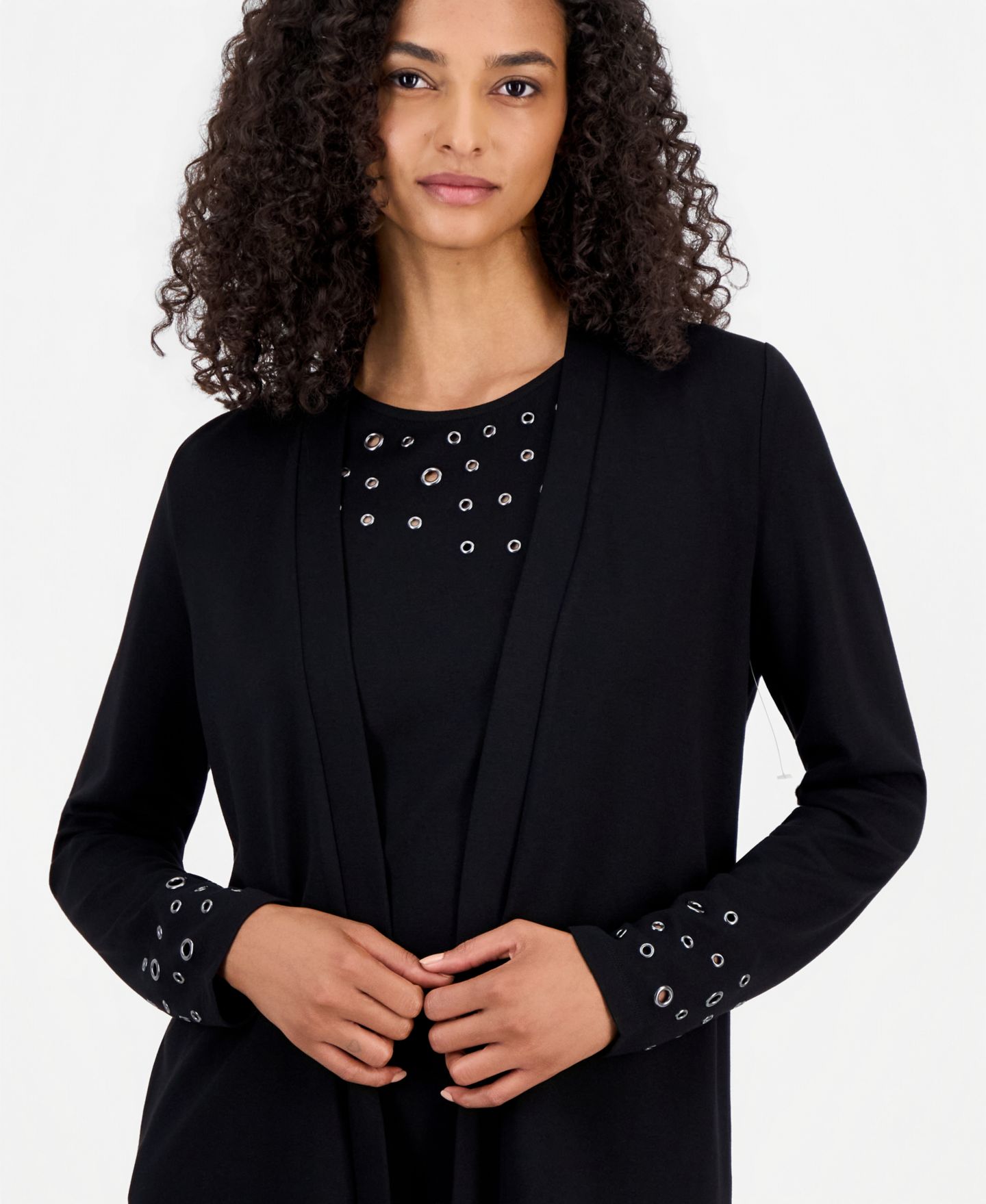 Женский кардиган Anne Klein Open-Front Grommet-Trim, цвет: Чёрный — фото 3