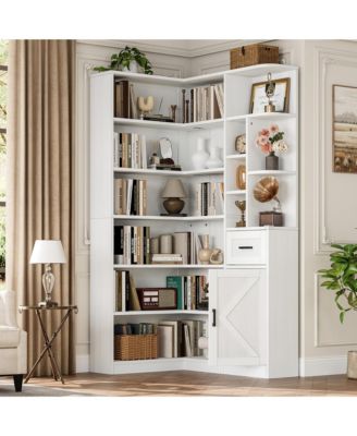 74" Tall 6-Tier L-Shaped Corner Bookshelf with Drawer and Cabinets for Home, Office, White