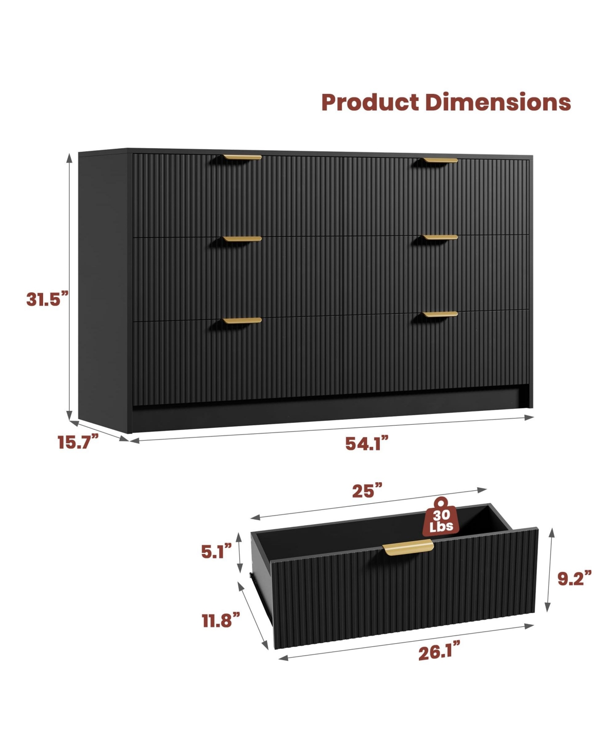 homfan 6-Drawer Fluted Dresser Chest with Metal Handles, Modern Wide Storage Organizer for Bedroom, Living Room, Entryway or Hallway