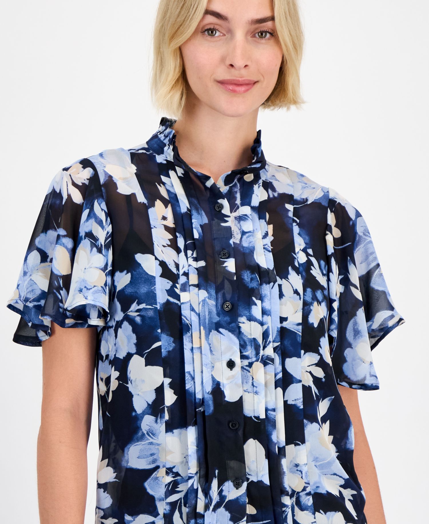 Women's Pleated-Front Flutter-Sleeve Blouse