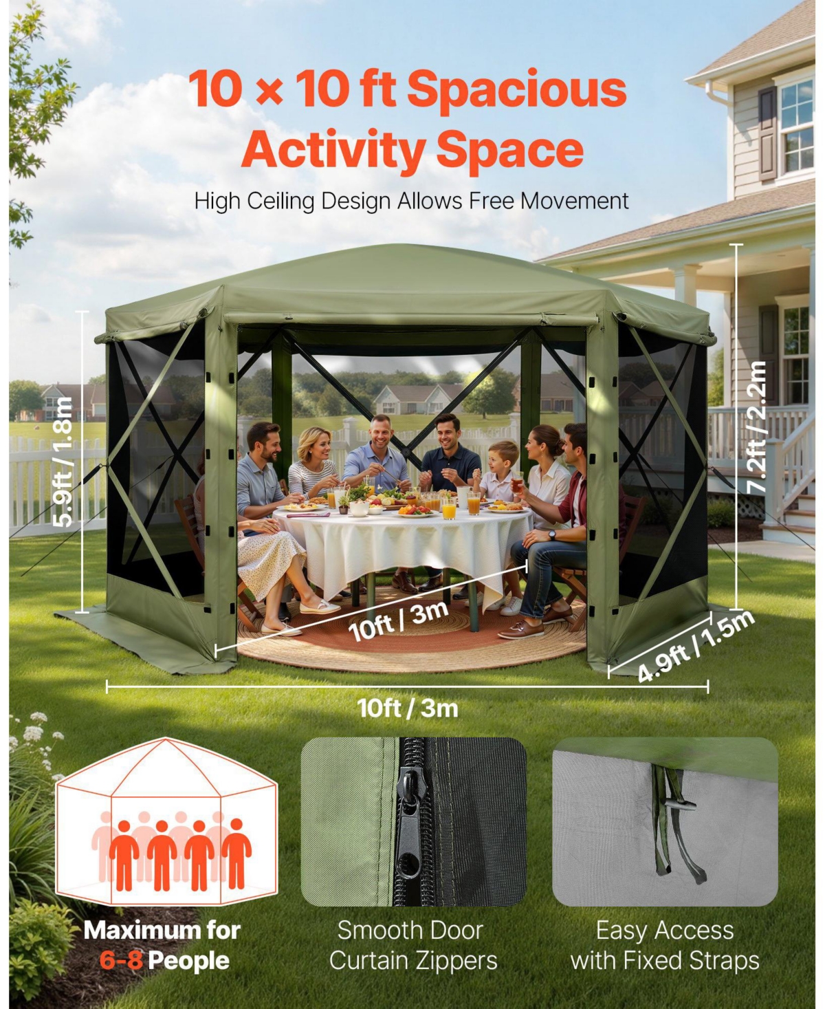 Cozito Pop Up Gazebo Screen Tent, 10 x 10 feet 6-Sided Canopy with Carry Bag