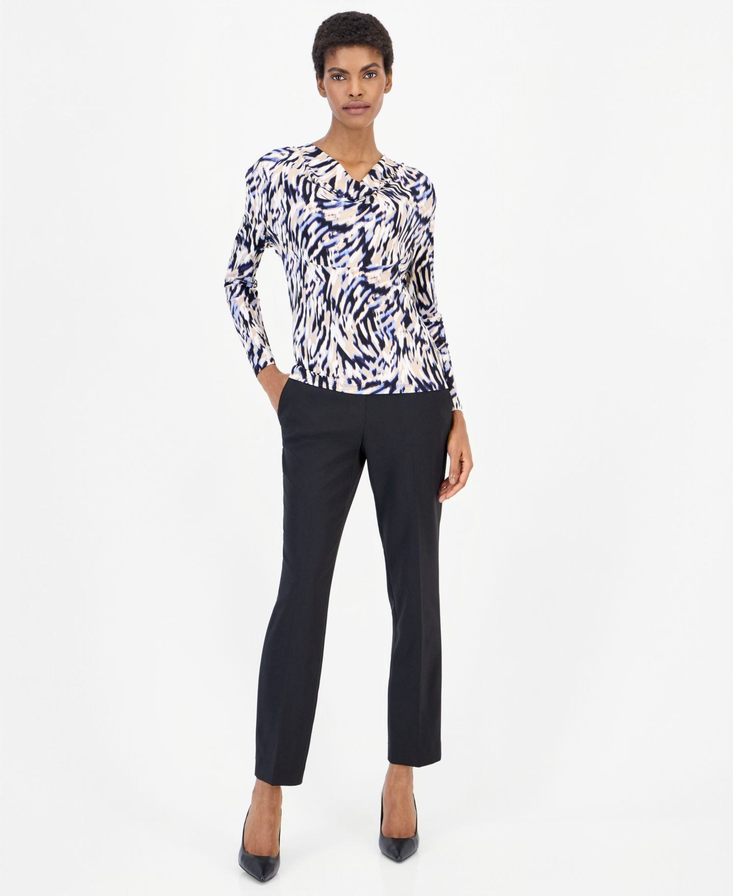 Женская блузка Anne Klein 3Q Cowl-Neck Long-Sleeve Blouse, цвет: Синий разноцветный — фото 4