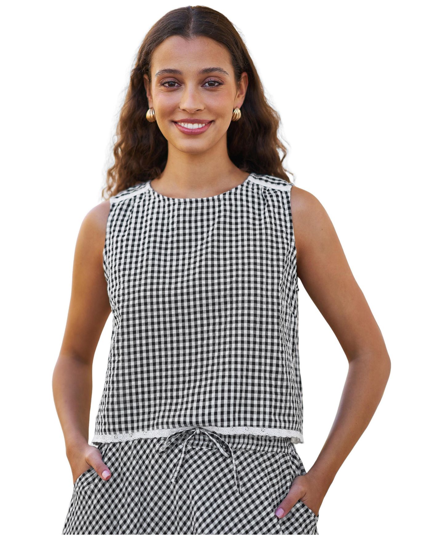 Женский топ Yumi Gingham Lace-Trim Sleeveless, цвет: Чёрный — фото 1