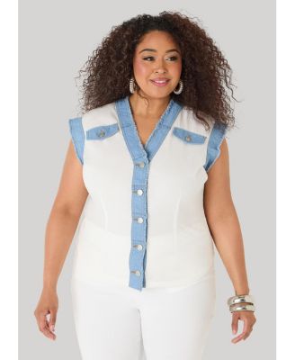 Women's Plus Size Denim Trimmed Cotton Shirt