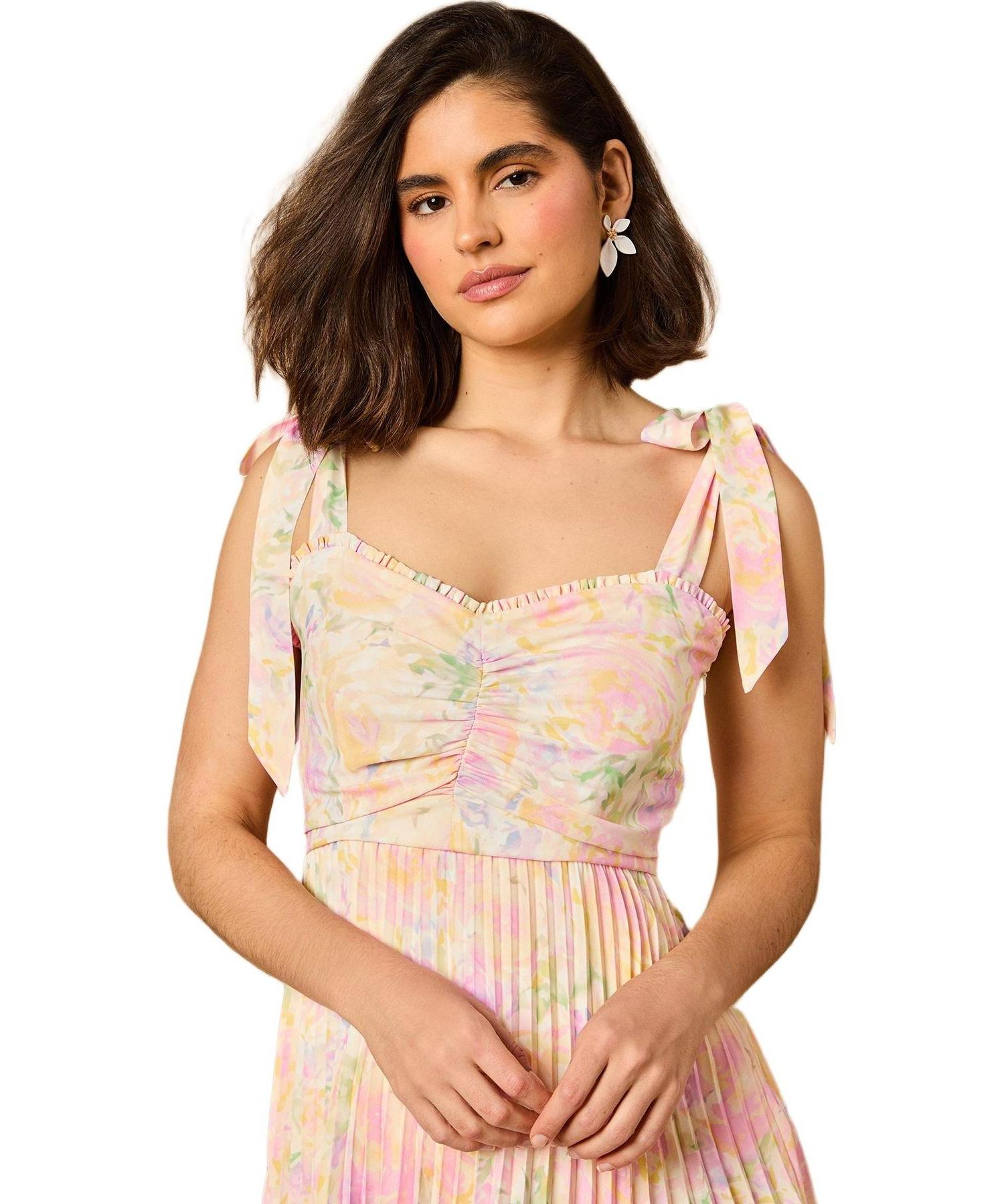 Women's Pleated Tie Shoulder Midi Dress
