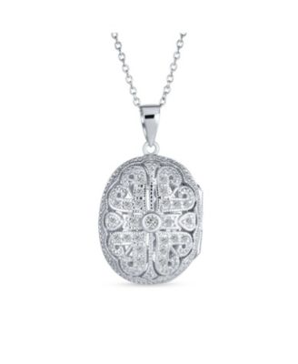 Antique Style Heart and Clover Oval Keepsake Photo Locket Necklace Gold Plated Sterling Silver