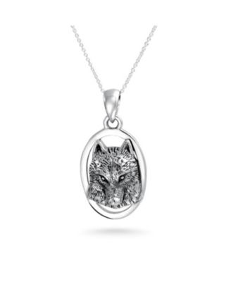 Wolf Pendant Necklace Oval Animal Totem Amulet Of Strength Oxidized .925 Sterling Silver
