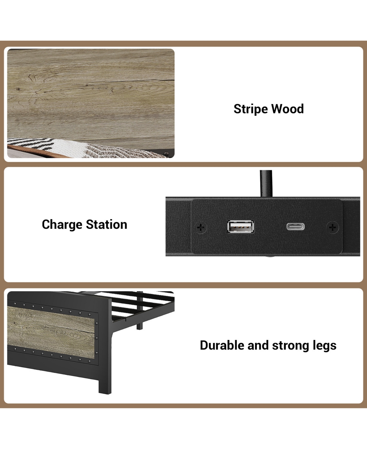 homfan Platform Bed Frame with Charging Station, Industrial Headboard and Footboard, Metal Slat Support, Box Spring Not Required
